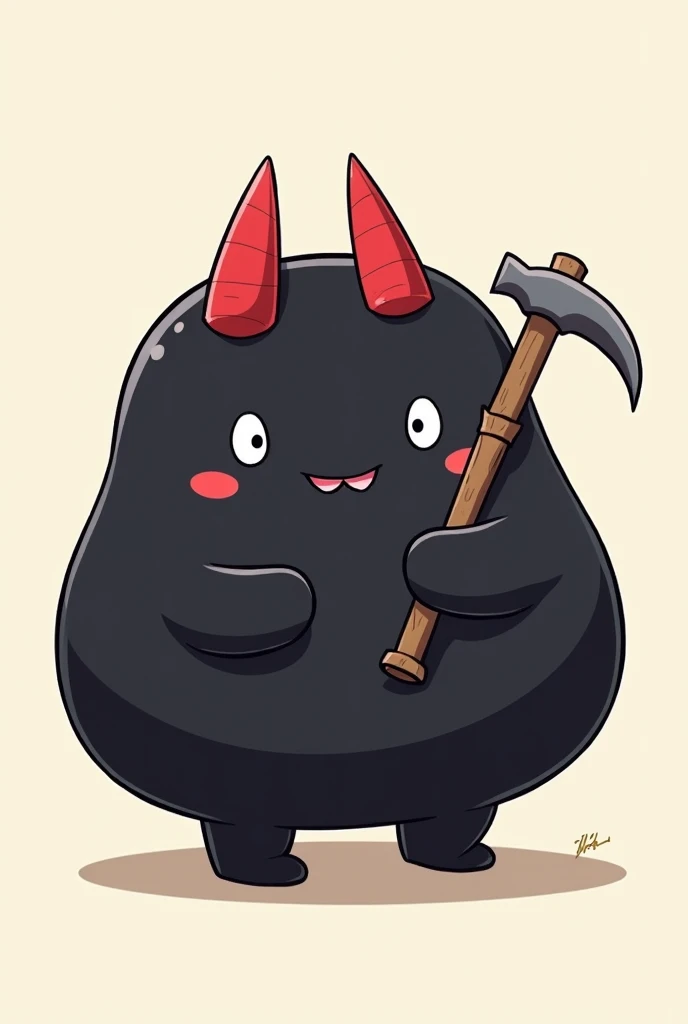 Manga cartoon character, black slime, red horns, two hands, two legs, holding a sickle, cute.