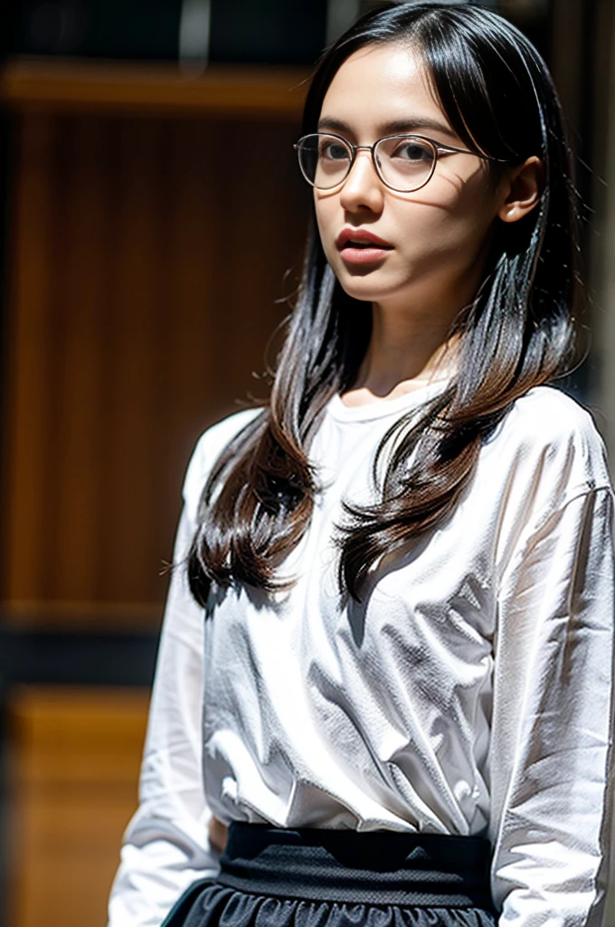 Photo of a beautiful woman standing on a street corner, (masterpiece:1.2, highest quality), (Realistic, photoRealistic:1.4), Beautiful illustrations, (Natural Side Lighting, Cinema Lighting), Written boundary depth, Beautiful thighs staring at the viewer, (((Face Focus, Upper Body))), 1 female, 30-year-old, alone, thin, slender, small breasts!!!, Loose curly hair, Bedhead, Forehead, thin, slender, (((glasses))), long sleeve T-shirt, Skinny skirt, Are standing, New York 25th Street, portrait
