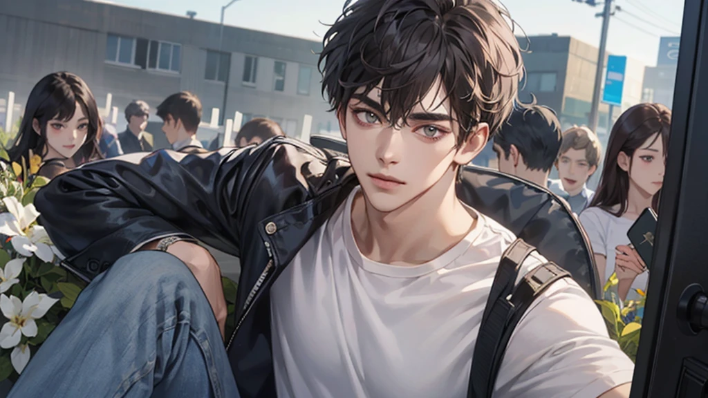 (very handsome: 1.2), 8 thousand, (masterpiece: 1.0), (best_quality: 1.0), 1 boy, and intricate details, enlarged textures, and intricate details, exquisite eyes and exquisite face, and intricate details, dark hair, confident smile (shut up), hazel eyes, tired eyes, equal eyes, carolina eyes (human male) wearing white t-shirt, jeans, (personal close-up lens), background cemetery, funeral, background reporter, background crowd, depth of field