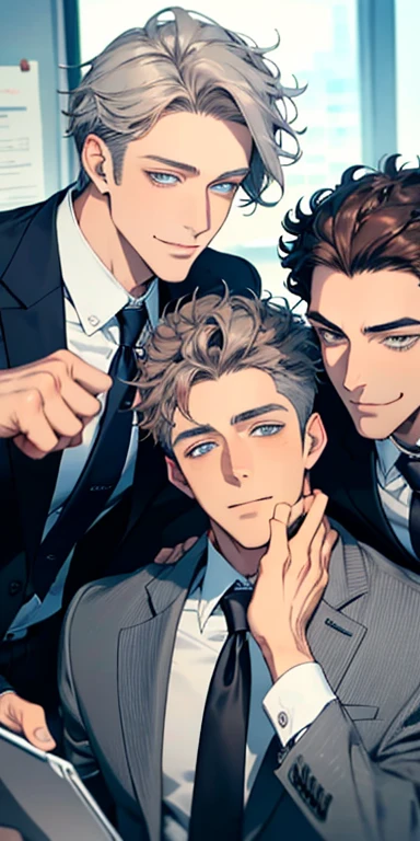 handsome 3 boy with brown curly hair and small lips long nose. 1 man mature, male mature. Expression smile in love. Blue gray eyes, CEO, Office home.