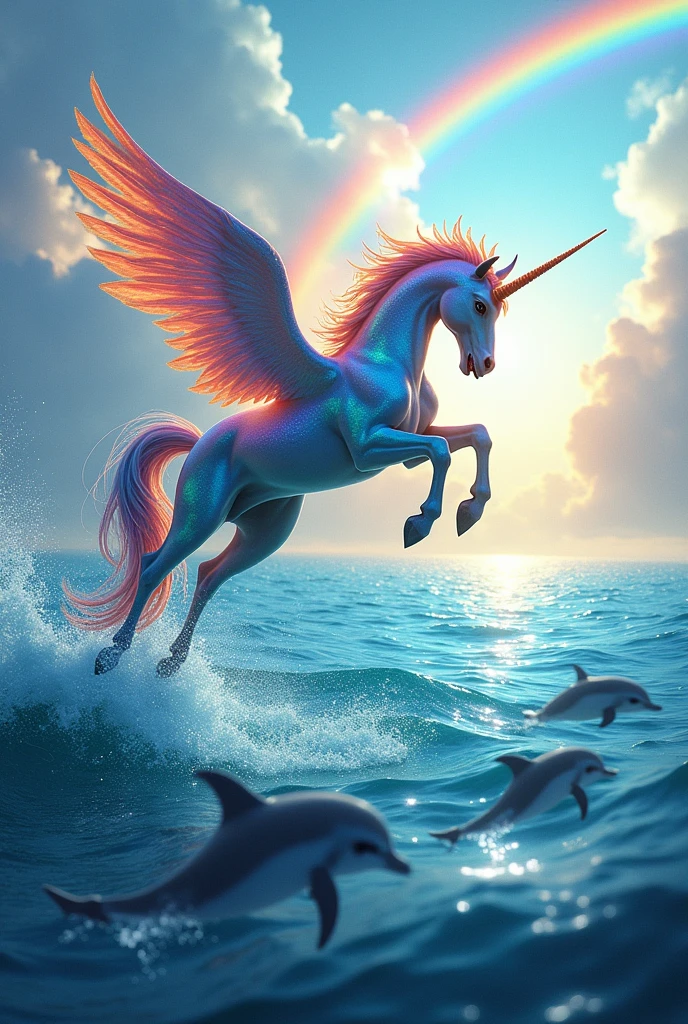 A multi-colored unicorn with wings, flying over the sea, and dolphins jumping over the sea With rainbow in the background and colorful dolphins More colors