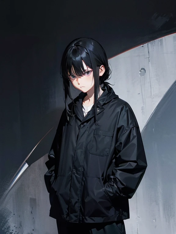 Black Hair、Cold look:1.5、Japanese Teens、Dark Background、One Cool Lady:1.2、Sharp Eye、night、Sad face、whole photo、Looking up at the sky、Put your hands in your pockets、villain、Disturbing look、NSFW、