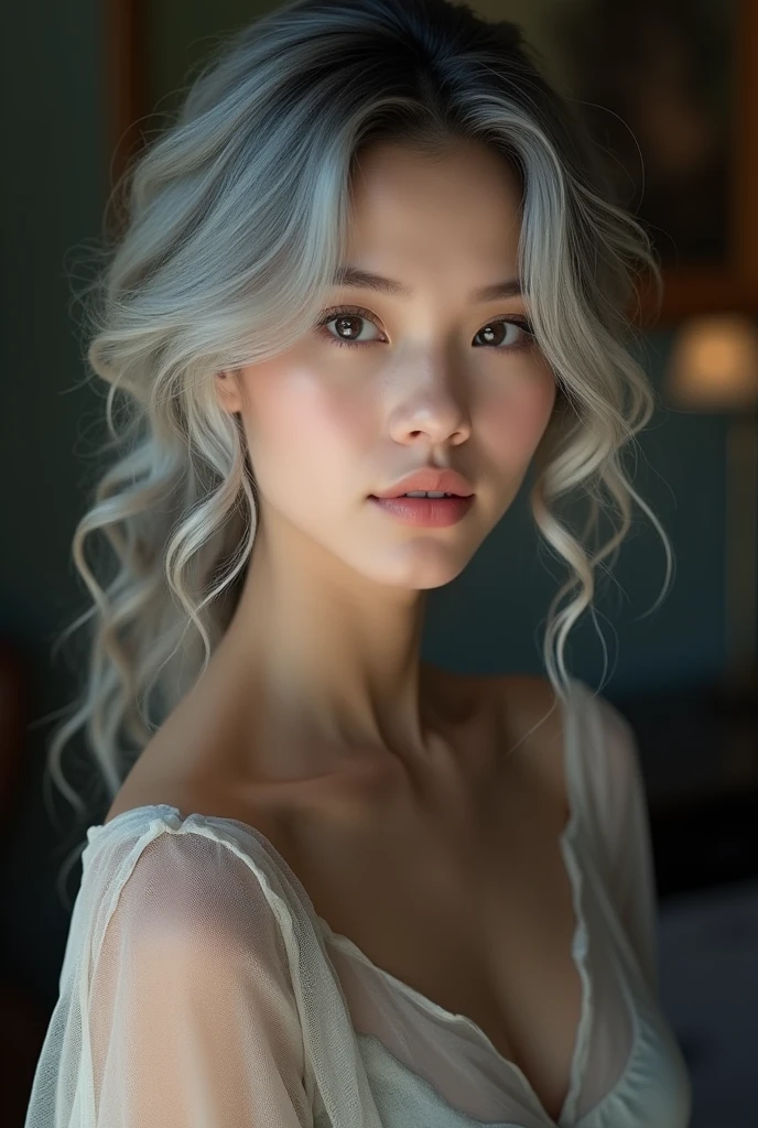Beautiful girl with white skin, light gray hair, with bright shining eyes, soft, flowing facial features, professional photo, 4K, a high resolution, high detail, aesthetically pleasing, Beautiful, realistic, standing straight, looks straight, against the backdrop of a dark living room, (highly detailed skin:1.2), 8k contract, SLR camera, very detailed face, artistic composition, photo,