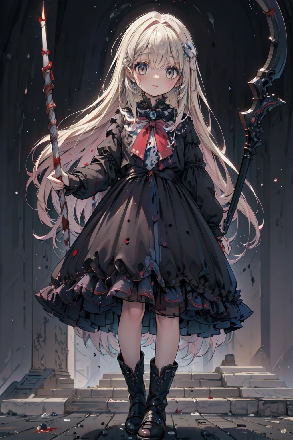 shaded face　、beautiful girl、とてもcute天使、Pink Gothic Fashion、cute、Baby Face、smile、Long skirt、Black long boots、.(Highest quality,4K,High resolution,masterpiece:1.2),Very detailed,Realistic:1.37,Spooky altar background,Dark fantasy,Red color scheme,Ominous atmosphere,Eye-catching,Storytelling,anatomy,Anime Style,Concept Art,beautiful細部までこだわった顔と (((Red eyes ))),A terrifying ritual ,Satanic Ritual,Premature death,inappropriate behavior,クレイジーなsmile,Scythe Face,Girl Monster, beautiful, Delicate facial features, Sharp Eye, Sharp Fangs, pale skin, Dark Background, Cinema Lighting, Dramatic Shadows, Gothic style, Gloomy atmosphere, Dark fantasy, one person&#39;s, Please open your mouth wide, Open your mouth and baring your teeth,Sharp teeth like a beast, Wide lips, very wide mouth, Vermilion cheeks, ,(Blood splatter:1.4),Scary smile, smile,Angel Design, Twisted smile、Bloody、bleeding from the head,,,,,、Blood splatter、,(Blood splatter:1.4),skull,Demon Spear,Horror Style, ((Fantasy Sweet Ta Frill Pink Costume)), ((Flowing blonde hair)), ,(Blood splatter:1.4),Female curves, Sexy flat stomach, Perfect hands, Perfect anime face, (Pink Tata Dress)), Are standing, ((邪悪なsmile)), ,(Blood splatter:1.4), Steam circulates, Moonlight Illumination, night lighting, (Blood splatter:1.6),アニメAngel Design, Twisted smile、Bloody、bleeding from the head,,,,,、Blood splatter、,(Blood splatter:1.4), skull,Gothic architecture、Western architecture、Fantasy World、,Victorian cities, Skeleton Gas Light,Absurd, High resolution、 ((Tabletop)), ((Highest quality)), (Very detailedな), ((Very detailed)), (beautiful), ((cute)), (NFSW:1.8), alone,(:1.6)、(world&#39;The most terrifying and creepy demon girl:1.5)beautiful face、Whole Body Ezbian、pale, beautiful肌、beautiful金の髪、優しくsmileむ、Dark building ruins、(snow white&#39;Frill dress:1.3)、(The dark ruins are stained with blood:1.3)、Low angle full body shot、(少女は血の海の中にAre standing:1.5)、(The ground is full of blood:1.3)、(The girl lost a lot of blood....:1.3)、(クレイジーなsmile:1.6)、Spirits、(Blood dripping from the mouth:1.3)、
