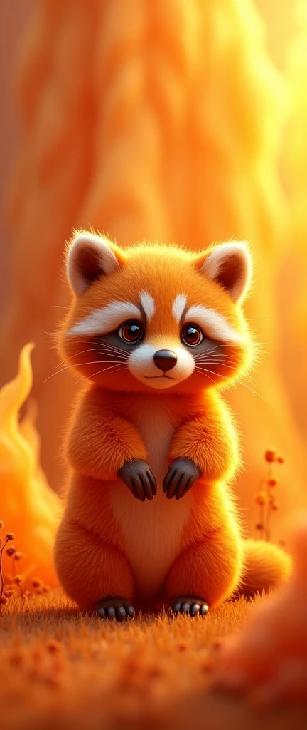 A mesmerizing 3D render of a fluffy raccoon, the Philippine Orange, bursting with life and vibrant energy. The raccoon's fur is an extraordinary blend of flame and beer orange hues, creating a striking contrast against its soft, plush appearance. The unique raccoon is set against an ethereal background of abstract orange flames, a whimsical landscape of shapes and colors that evoke a sense of wonder and imagination. The conceptual art style highlights the beauty and uniqueness of this extraordinary creature, making it a truly enchanting and mesmerizing piece., conceptual art, photo, 3d render, vibrant