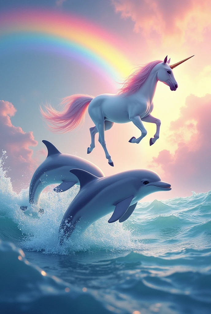 Generate an image of two dolphins surfacing in pastel colors and a unicorn flying with a rainbow in the background with lots of details and pastel colors that looks like a poster