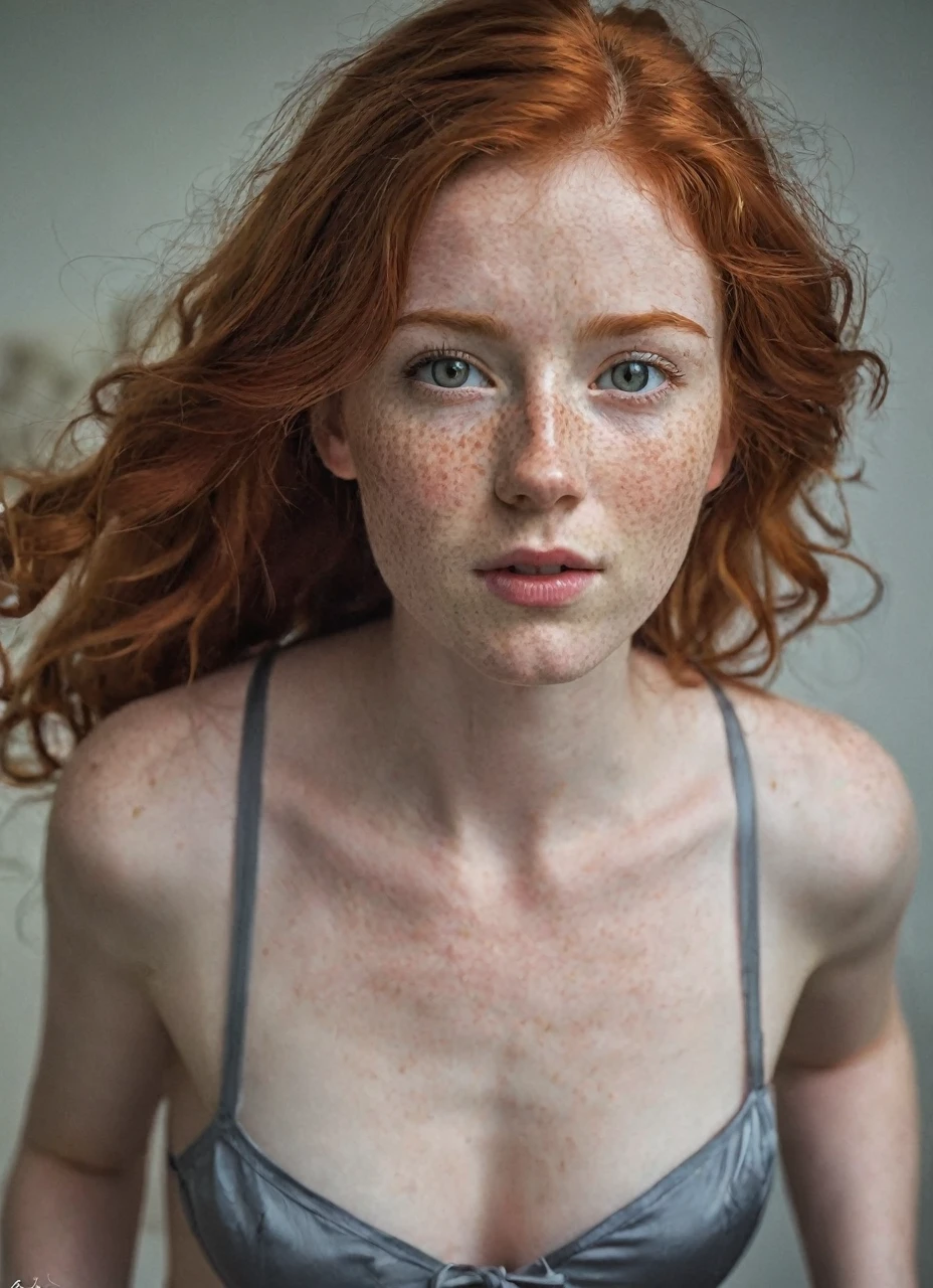 1 girl in, edad19, very beautiful, perfect body, Alone, aesthetic work, irish redhead, ginger wavy hair, shoulder length red hair, grey eyes, light gray eyes, some small freckles, Pale skin, A-cup, small breasts, running corps, (textured skin, skin pores:1.1), (moles:0.8), imperfect skin, Goosebumps, front stop , in black satin  doll , (Extremely detailed 8K wallpaper), Soft lighting, high quality, film grain, Fujifilm XT3 Sharp Focus, f 5.6, 50mm, High detail, sharp focus,(natural light). 