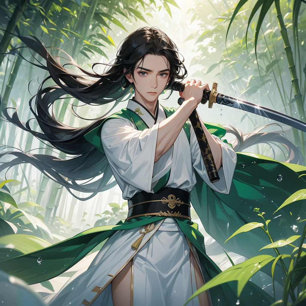 A Handsome black-hair male holding a large sword in white hanfu dress, close up.
The back is a lush green bamboo forest. The air after rain has water droplets splashing around.