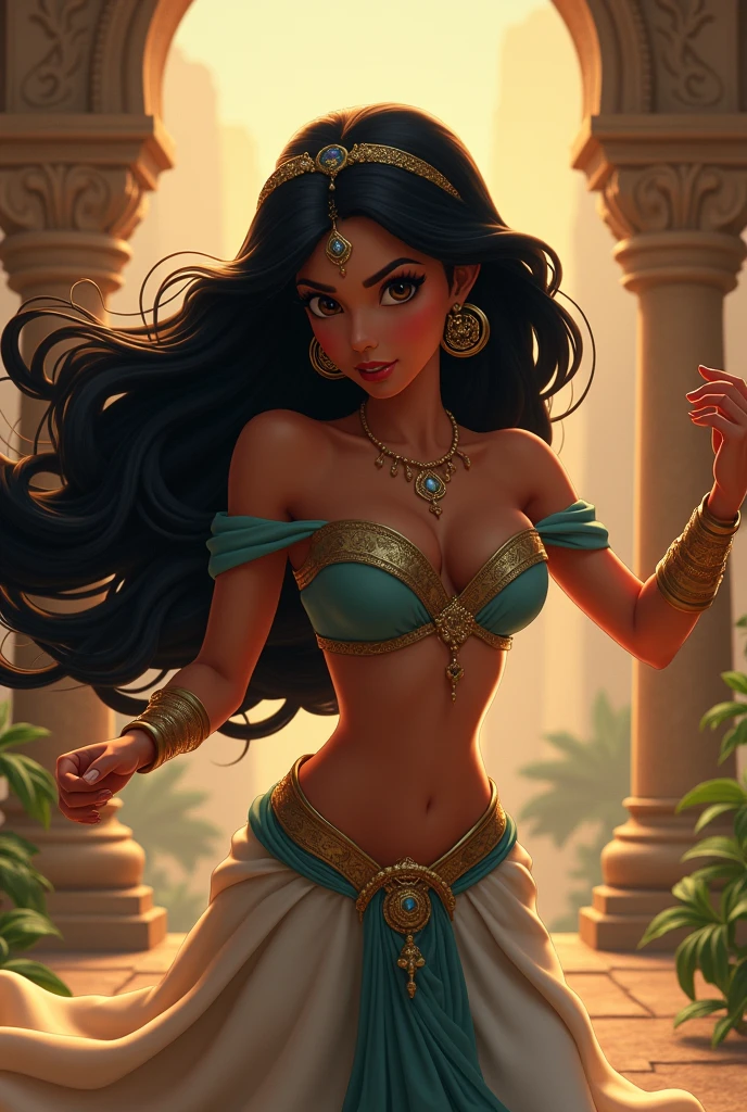 Stunning Princess Jasmine, photo in 8k, in action, cinematic.