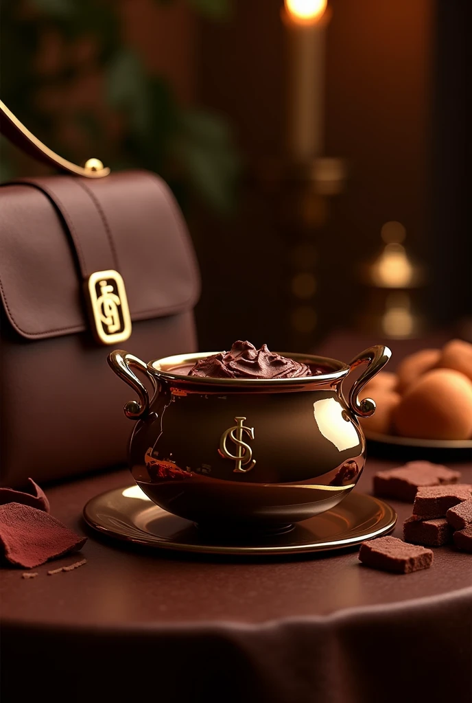Make an image of a chocolate fondue that generates desires and with things that refer to the Carmen Steffens brand. More luxurious Place the letters "CS" gold joints in the pot where the chocolate is and a leather bag in the background