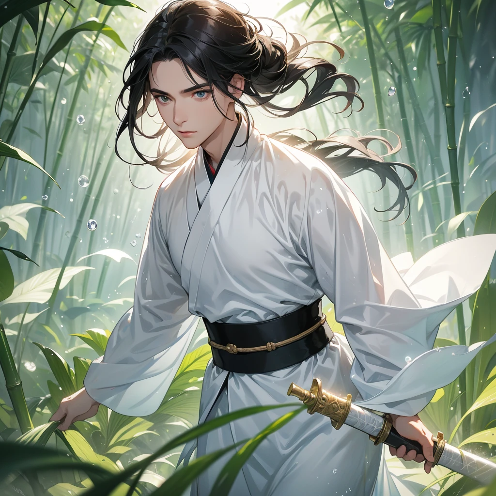 A Handsome black-hair male holding a large sword in white hanfu dress, close up.
The back is a lush green bamboo forest. The air after rain has water droplets splashing around.
