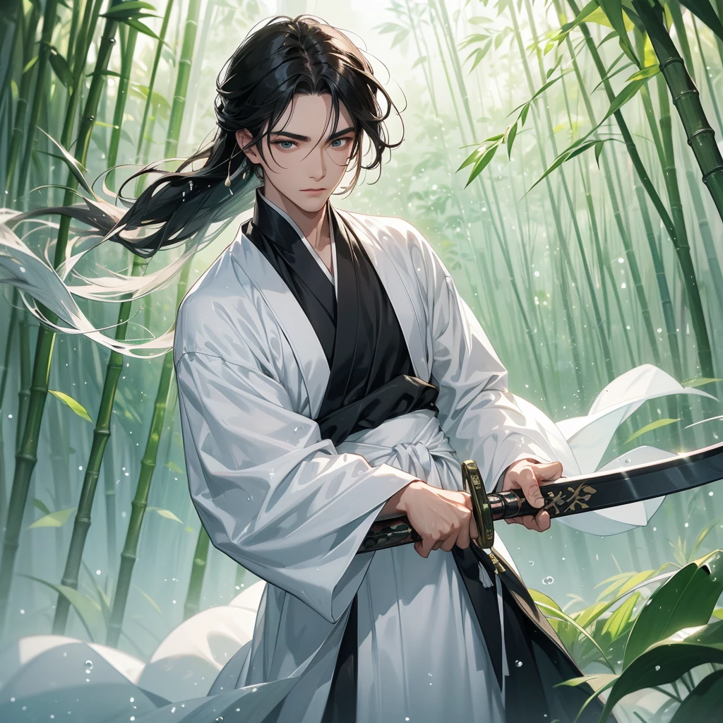 A Handsome black-hair male holding a large sword in white hanfu dress, close up.
The back is a lush green bamboo forest. The air after rain has water droplets splashing around.