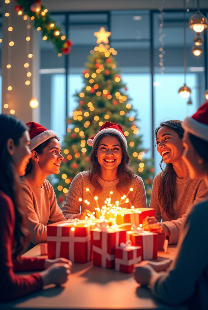 IMAGE OF GIFTS AND RAFFLES FOR CHRISTMAS WITH EYE-CATCHING BACKGROUND AND VERY HAPPY WORK ENVIRONMENT WITH MUSIC
