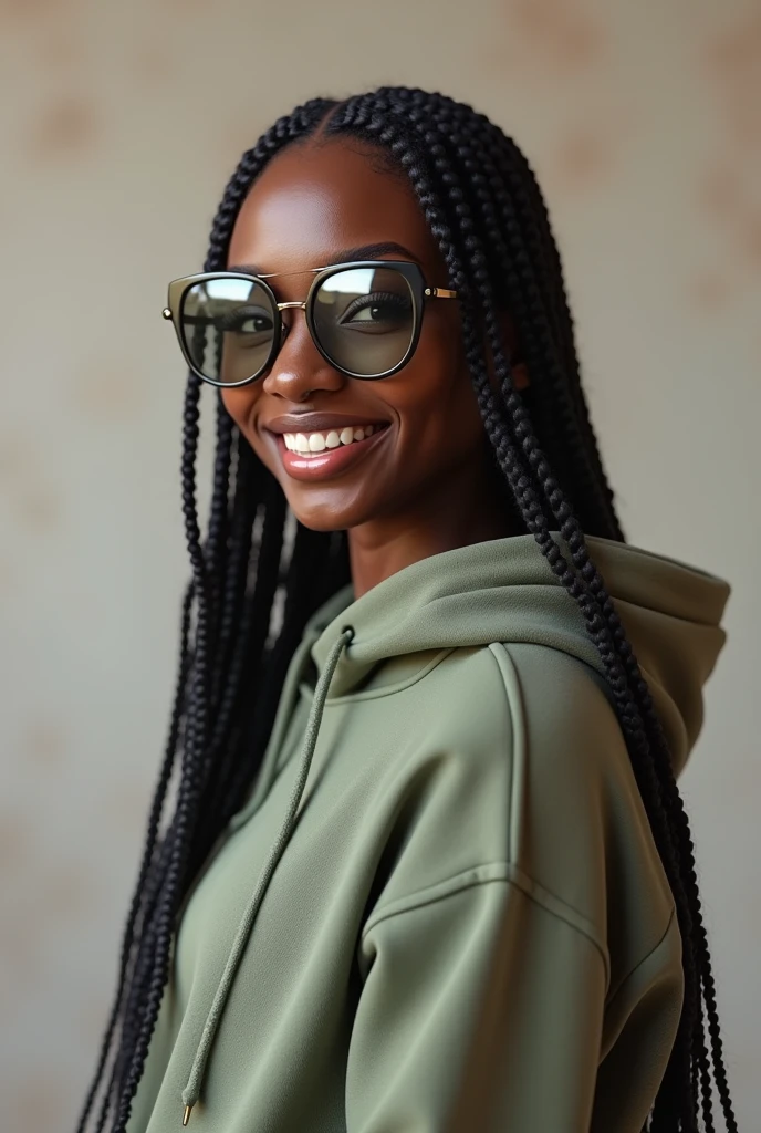 (photorealism:1.2),a black beautiful Kenyan woman,22 years,sharp boobs,smiling,wearing a fitting hoodie,long braids,black oversized photo chromatic glasses with grey lenses, standing , realistic details.cardi b inspiration 
