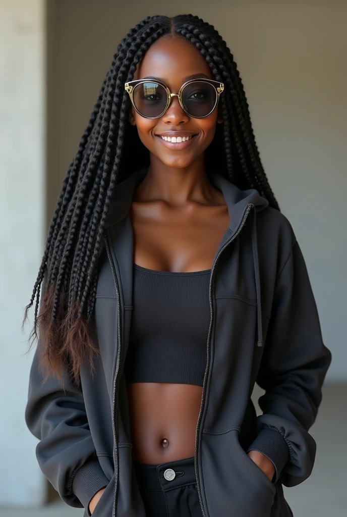 (photorealism:1.2),a black beautiful Kenyan woman,22 years,sharp boobs,smiling,wearing a fitting hoodie,long braids,black oversized photo chromatic glasses with grey lenses, standing , realistic details.cardi b inspiration
