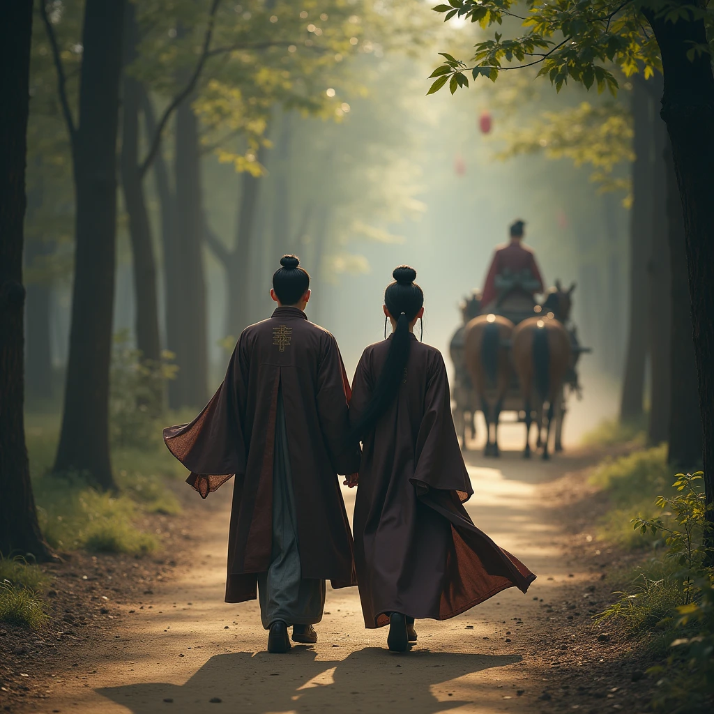 A virtual image of a young man with a pale face and a young woman with a goddess's face in full dark brown official regalia from the Han Fu Dynasty walking out of a deep forest. As they walked along a dirt path with trees on both sides, a large carriage with slender horses speeding closer. The young man and woman paused to look. The carriage had a driver in a powerful official uniform.