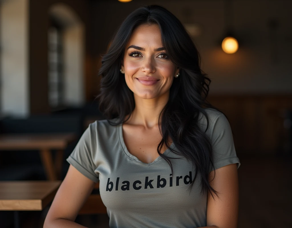 ((A 3 woman sits in front of a café)),((cleavage)). 40k, Photography, Masterpiece, Best quality, dark grey background, ((Mature women, Wife, Mom, A MILF)), Perfect face, ((1 girl with brown eyes and gorgeous light black hair)). a Pretty Mexican woman，full soft breasts, MILF, mom, t-shirt with the text "Blackbird". Ultra-detailed face, Detailed eyes, Embarrassed, Smile, Summer, Daytime, full body, dated, very pretty, some solver hair, nice breast, nice body, full body