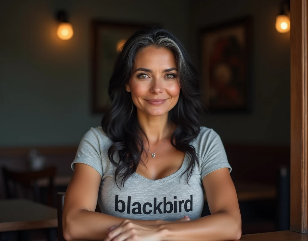 ((A 3 woman sits in front of a café)),((cleavage)). 40k, Photography, Masterpiece, Best quality, dark grey background, ((Mature women, Wife, Mom, A MILF)), Perfect face, ((1 girl with brown eyes and gorgeous light black hair)). a Pretty Mexican woman，full soft breasts, MILF, mom, t-shirt with the text "Blackbird". Ultra-detailed face, Detailed eyes, Embarrassed, Smile, Summer, Daytime, full body, dated, very pretty, some solver hair, nice breast, nice body, full body