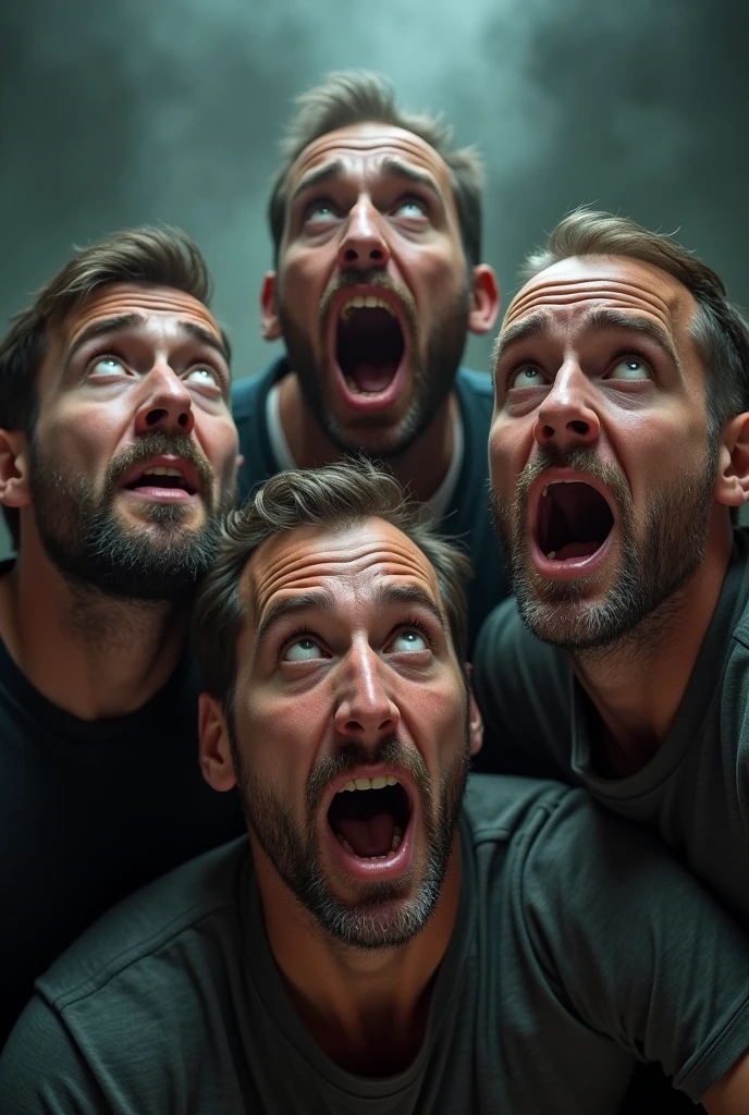 Four mans with fear faces looking upward png