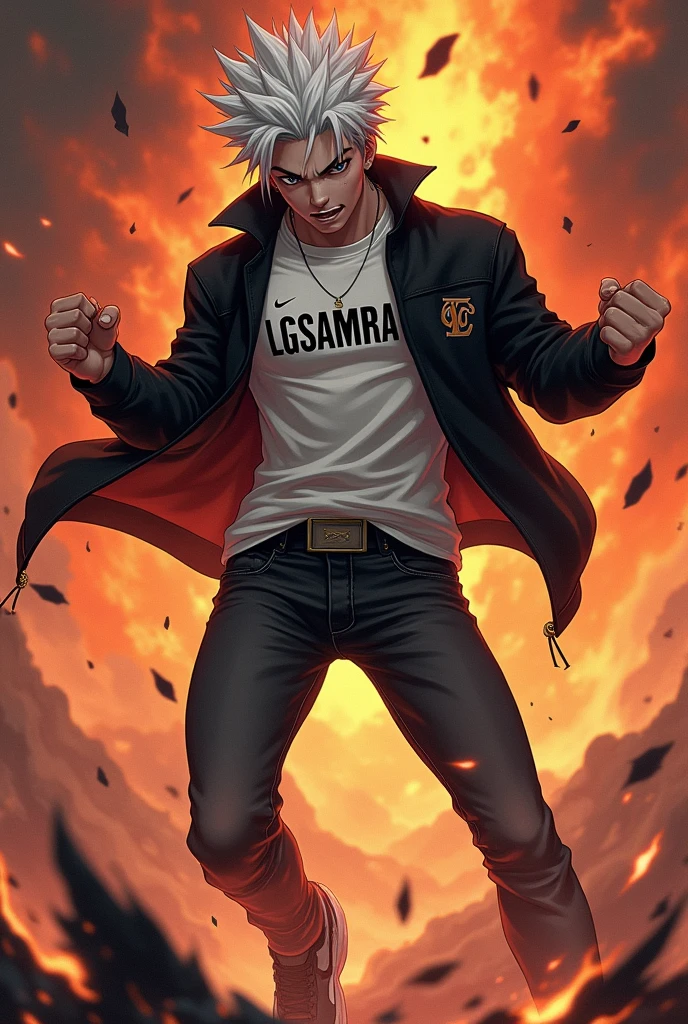 Make a handsome anime with grown up ,
 slim body and cute face  , white coloured hair in  rage and beast mode in jeans and Nike sneakers and black louis vuitton jacket  underneath of it a Nike white coloured tshirt with LGSamrat in capital letters  as written and black and white Nike sneakers  with fiery background as same as this picture 
