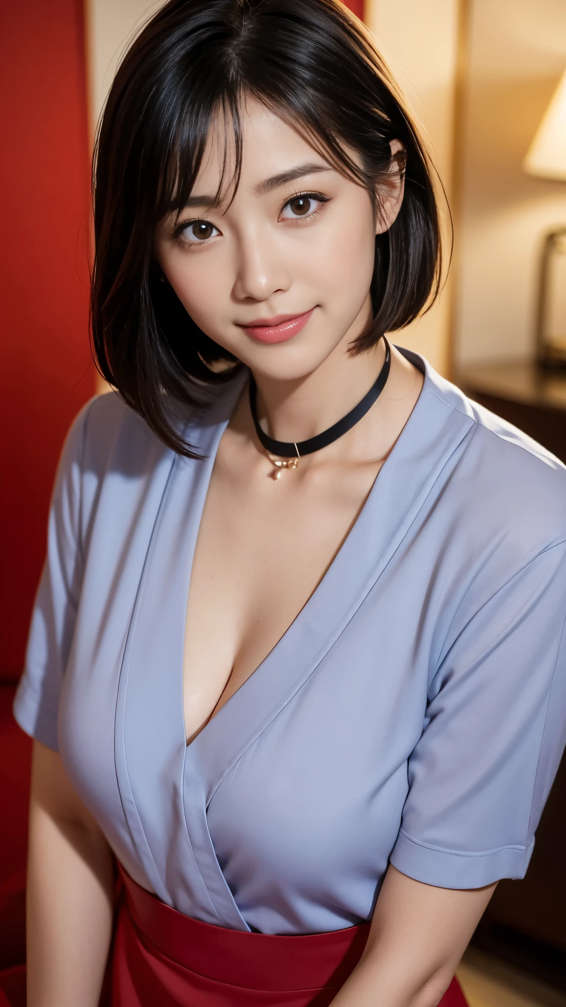 Portrait, 8k, high quality, realistic photographic image, Japanese woman, pretty wife, housewife, natural and realistic eyes, Japanese standing, beautiful black hair, short hair,, accurate rendering, golden ratio composition, laughter, 44 yrs. Hair, light makeup, octane rendering, dim lighting, golden ratio composition, laughter, normal clothes, casual clothes, luxury city hotel, hotel room, on her knees on the floor, red collar around her neck, leash on collar, wearing red heels, blurred background, high quality, pure Japanese style, beautiful wife, upper body, Light makeup, no makeup. Makeup, neat, plain, red, purple, blue, plain, plain clothes, smiling, black eyes, background blurring.