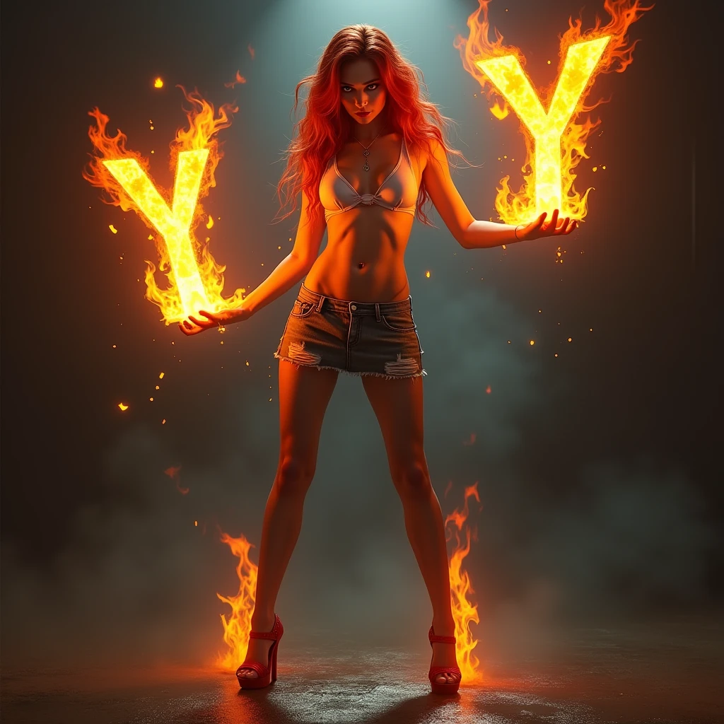 Red-haired woman with an evil face, with white bikini, denim skirt and red high heel sandals, holding the letter Y of fire in the right hand and the number 7 of fire in the left hand.