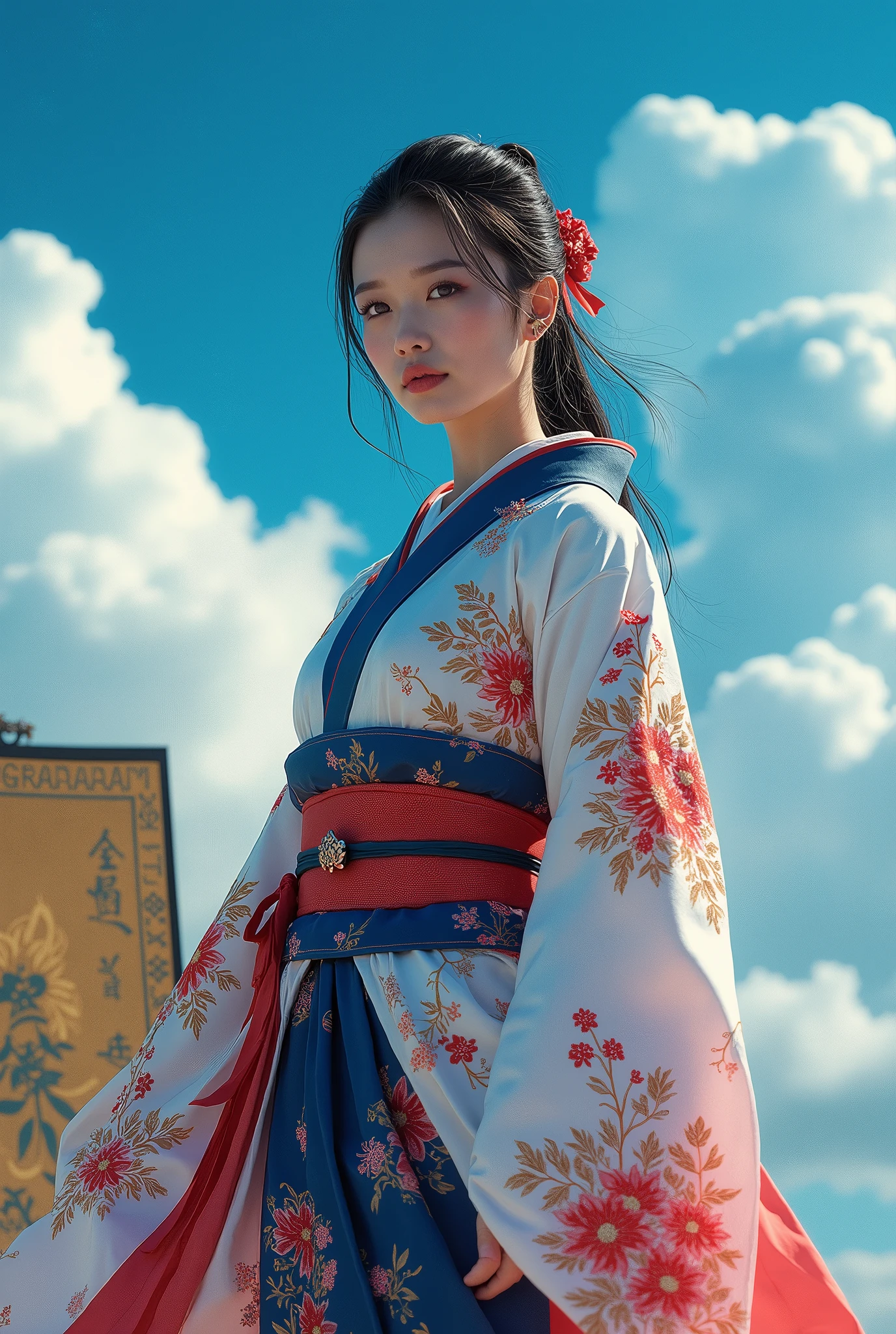 Female Ninja、Beautiful and gorgeous kimono、blue sky、Wide sky、The background is a gorgeous traditional Japanese gold folding screen