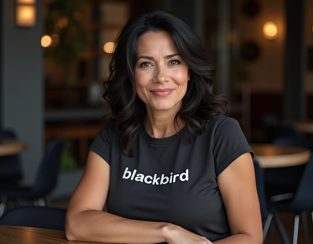 ((A 3 woman sits in front of a café)),((cleavage)). 40k, Photography, Masterpiece, Best quality, dark grey background, ((Mature women, Wife, Mom, A MILF)), Perfect face, ((1 girl with brown eyes and gorgeous light black hair)). a Pretty Mexican woman，full soft breasts, MILF, mom, t-shirt with the text "Blackbird". Ultra-detailed face, Detailed eyes, Embarrassed, Smile, Summer, Daytime, full body, dated, very pretty, some solver hair, nice breast, nice body, full body