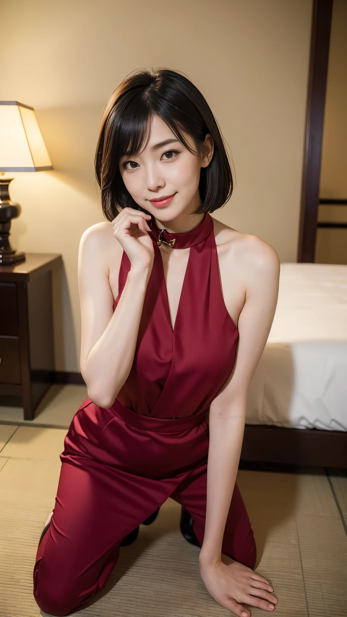 Portrait, 8k, high quality, realistic photographic image, Japanese woman, pretty wife, housewife, natural and realistic eyes, Japanese standing, beautiful black hair, short hair,, accurate rendering, golden ratio composition, laughter, 44 yrs. Hair, light makeup, octane rendering, dim lighting, golden ratio composition, laughter, normal clothes, casual clothes, luxury city hotel, hotel room, on her knees on the floor, red collar around her neck, leash on collar, wearing red heels, blurred background, high quality, pure Japanese style, beautiful wife, upper body, Light makeup, no makeup. Makeup, neat, plain, red, purple, blue, plain, plain clothes, smiling, black eyes, background blurring.