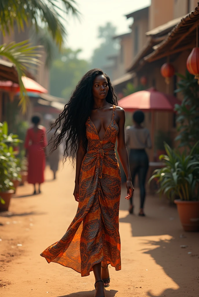 Black woman. Long black hair. Very mindful. Very Demure. Walking down a street in Africa.Ultra high resolution.