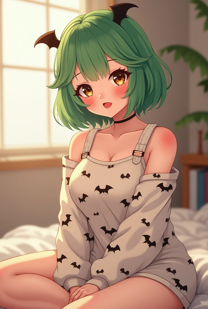 a anime woman with short dyed green hair with bangs, chubby body, fair skintone, some light pimples on the face, brown eyes, actually strong body, 5'4 ft tall, almost pale skin, sleepy/puppy eyes, dark circles, plump heart shaped lips, doll nose, curvy body, using a bat pajama