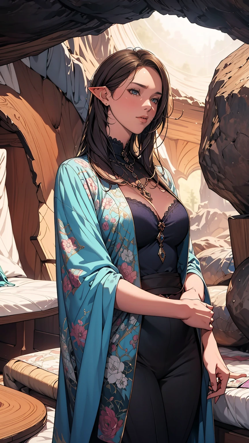 Highest quality, Official Art, masterpiece, Fabric Shading, High resolution, Very detailed, colorful, indoor, Inside the mysterious cave,Best details, (Adult,30 years old, Mature Woman, listen don&#39;t,elf-v1