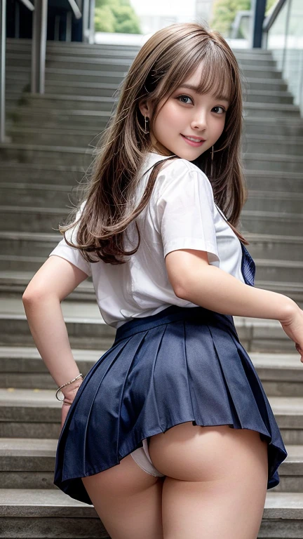 ((masterpiece))、 ((Highest quality))、(Browsing Caution)、(非常にdetailed)、 ((cute))、 ((sexy))、(Naughty)、(device)、 ((detailed))、4K, (8k)、Highest quality、 (beautiful)、White Gal、、(Height is 150cm)、White skin、Long Hair、Brown Hair、From behind、at the park、Go up the stairs、(Climbing the stairs)、Shot from the bottom of the stairs、((Show your ass))、Dynamic Angle、 ((whole body))、((Focus on the thighs))、Thick outline、 (girl uniform :1.5)、(White short-sleeved blouse、Navy Pleated Skirt)、Earrings、loafers、Thin thighs、Small Ass、The length of the skirt is short、(White see-through thong panties are visible)、Performance、(Embarrassing、Embarrassed、in trouble、Blushing、Teeth are visible)