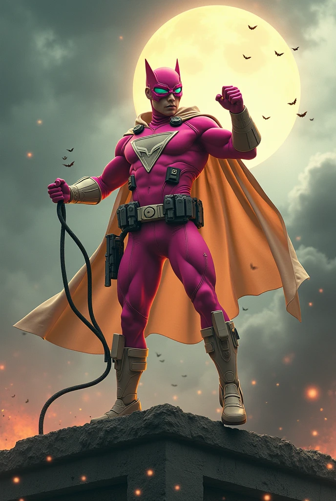 Malaysia man in high-tech suit, vivid effects, malaysian superhero (KELUANG MAN) in a striking pink and(( beige costume cyberpunk design, mask small mini bat ear beige)), daredevil beige mask, jumpsuit dark pink stands confidently in a dramatic.jumping from high place.hero costume.one hand rise up. Big triangle logo on the chest.high detail Punisher logo on the chest. Fighting pose , stormy landscape. ((Head covered node guard like batman. Running pose , athletic body type, small mini ear bat mask))The character wears domino mask a helmet with pointed mini torn ears and a flowing cape biege, open nose and mouth. Equipped with visible futuristic weapons on a belt,bullet proof jacket pink dark day.show fingers pose, dark night, big supermoon effect . Small logo on chest triangle shape small punisher logo center triangle cyber logo center on chest pink logo mini logo((WEAR LOOSE CARGO PANT.)) . rocky. Building top.smoke ground , bomb effect background, losse pants, losses costume.adding to --ar 3:4 --style raw --stylize 500 --v 6.1. chaos. Lot of small flying bat. One leg on the high stone. Man . Real man age 40 year old. One hand holding belt.one hand holding black rope hanging on building