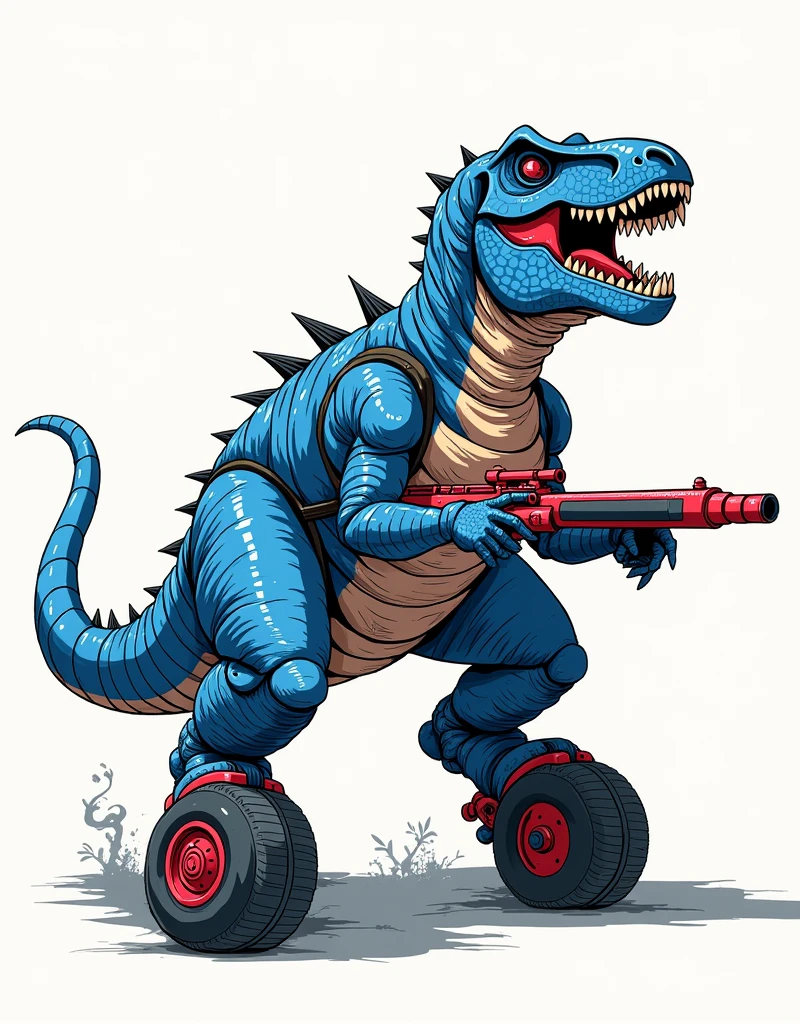 “(Masterpiece: 1.2), (best quality: 1.0), T-Rex armed anime style by Akira Toriyama, with a retro-futuristic design, T-Rex with wheels on the feet, machine gun coming out of the mouth, blue sci-fi color with red details, white background, intricate textures, clean and dynamic lines, (Dragon Ball Z art: 1.5), comic style with vibrant colors and dramatic shading, centralized composition, energetic atmosphere”