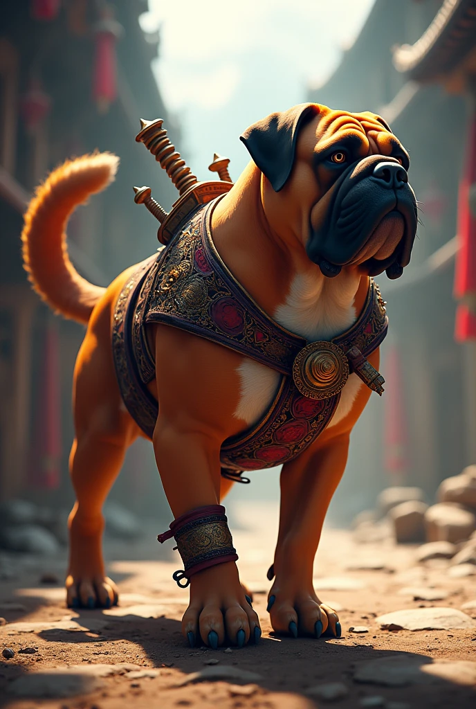 a large mastiff dog wearing a saddle on its back, beautiful anime style, extremely detailed, jujutsu kaisen inspired, ultra detailed, 8k, masterpiece, cinematic lighting, highly detailed, vibrant colors, dynamic pose, muscular dog, sharp focus