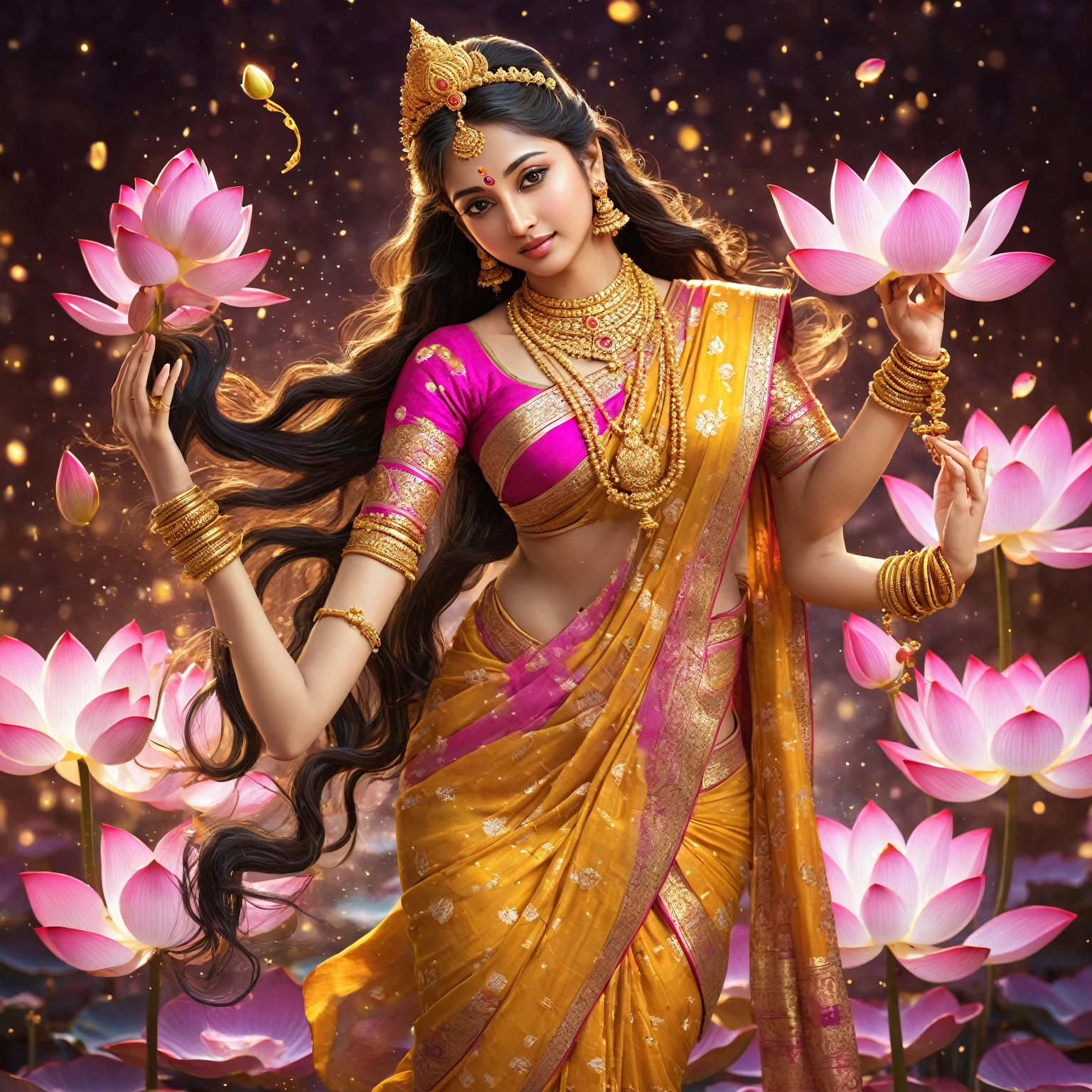 A beautiful goddess standing on a lotus, goddess of prosperity and wealth, she has four hands, first and second hands are holding a lotus, third hand is carrying a gold pot from which gold coils are fallin down, fourth hand is giving blessings, goddess is standing on a big pink lotus, two mini elephant are throwing flowers to please her from both sides, she is wearing a saree, intricate detailed ornate golden jewelry, flowing ethereal dress, serene expression, long flowing hair, surrounded by magical glowing particles, dramatic lighting, cinematic composition, fantasy, highly detailed, 8k, photorealistic, avoid body deformation, avoid anime theme, avoid cartoon theme, highly detailed body with slim and fit figure, highly detailed, hyper realistic, ultra realistic, avoid extra limbs,