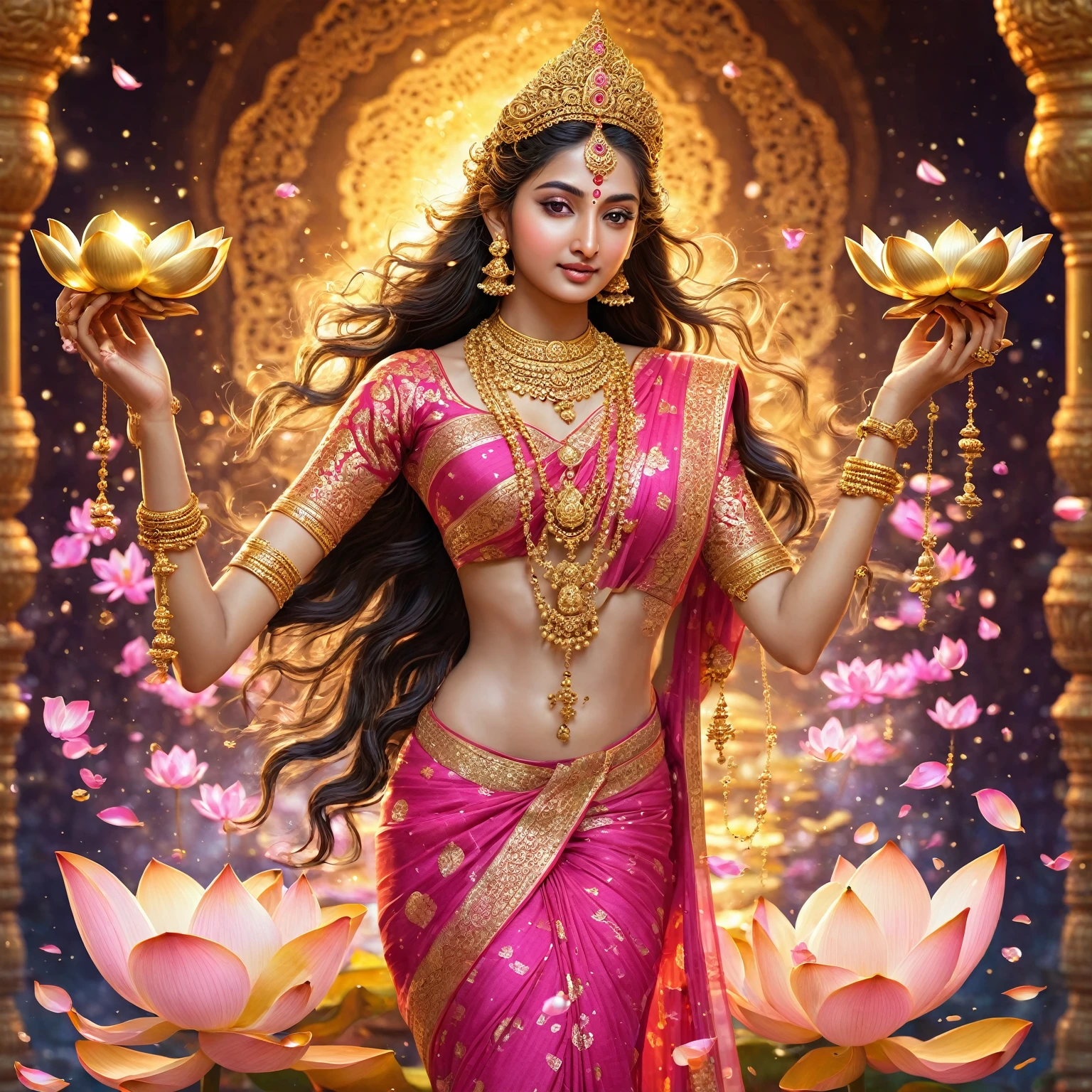 A beautiful goddess standing on a lotus, goddess of prosperity and wealth, she has four hands, first and second hands are holding a lotus, third hand is carrying a gold pot from which gold coils are fallin down, fourth hand is giving blessings, goddess is standing on a big pink lotus, two mini elephant are throwing flowers to please her from both sides, she is wearing a saree, intricate detailed ornate golden jewelry, flowing ethereal dress, serene expression, long flowing hair, surrounded by magical glowing particles, dramatic lighting, cinematic composition, fantasy, highly detailed, 8k, photorealistic, avoid body deformation, avoid anime theme, avoid cartoon theme, highly detailed body with slim and fit figure, highly detailed, hyper realistic, ultra realistic, avoid extra limbs, 