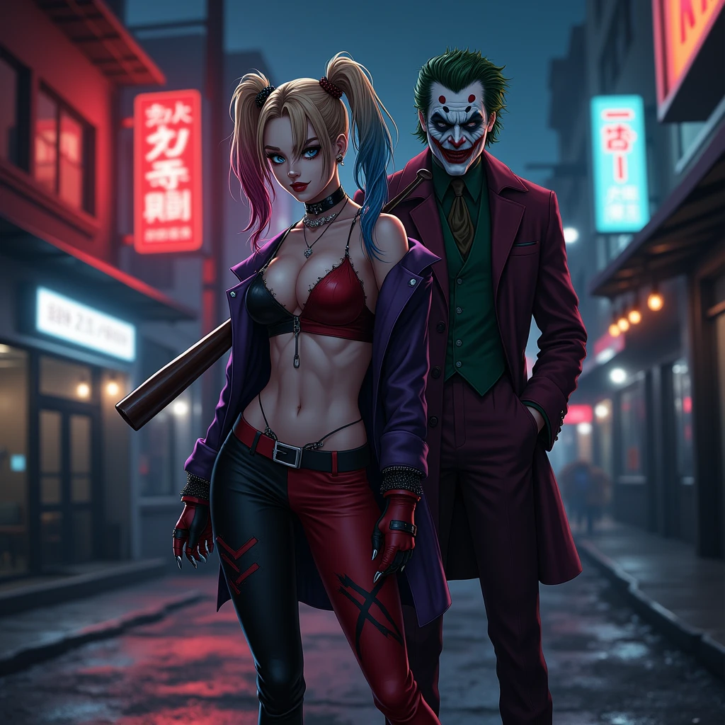 Harley quinn with joker dark aesthetic background at night in road in anime version she is holding a baseball bat in her hand ... She is wearing hot clothes ... She is on badass pose like a villain 