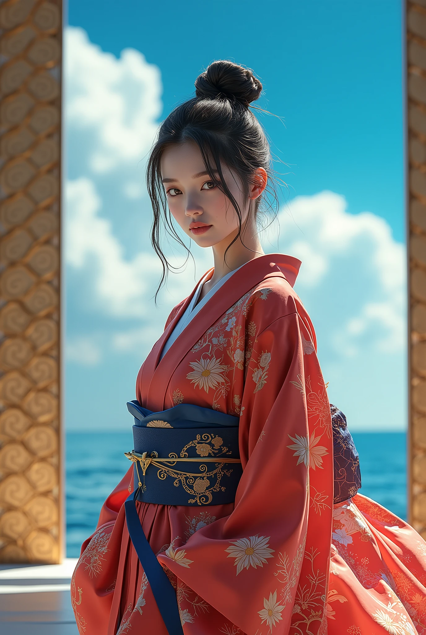Female Ninja、Beautiful and gorgeous kimono、blue sky、Wide sky、The background is a gorgeous traditional Japanese gold folding screen