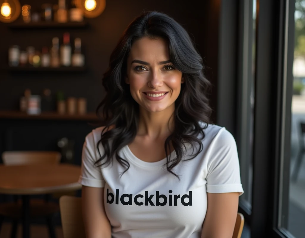 ((A 3 woman sits in front of a café)),((cleavage)). 40k, Photography, Masterpiece, Best quality, dark grey background, ((Mature women, Wife, Mom, A MILF)), Perfect face, ((1 girl with brown eyes and gorgeous light black hair)). a Pretty Mexican woman,full soft breasts, MILF, mom, t-shirt with the text "Blackbird". Ultra-detailed face, Detailed eyes, Embarrassed, Smile, Summer, Daytime, full body, dated, very pretty, some solver hair, nice breast, nice body, full body