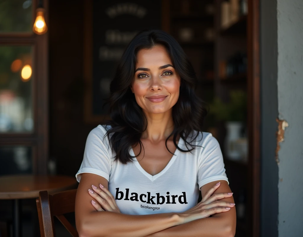 ((A 3 woman sits in front of a café)),((cleavage)). 40k, Photography, Masterpiece, Best quality, dark grey background, ((Mature women, Wife, Mom, A MILF)), Perfect face, ((1 girl with brown eyes and gorgeous light black hair)). a Pretty Mexican woman，full soft breasts, MILF, mom, t-shirt with the text "Blackbird". Ultra-detailed face, Detailed eyes, Embarrassed, Smile, Summer, Daytime, full body, dated, very pretty, some solver hair, nice breast, nice body, full body