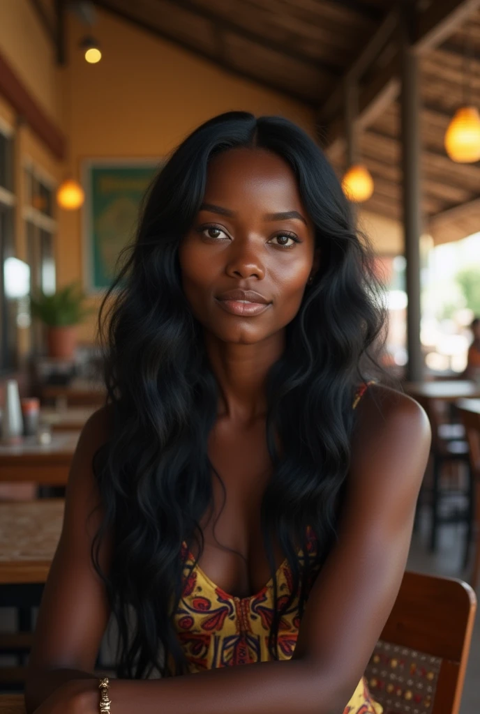 Black woman. Long black hair. Very mindful. Very Demure. Sitting in a canteen in Africa.Ultra high resolution.