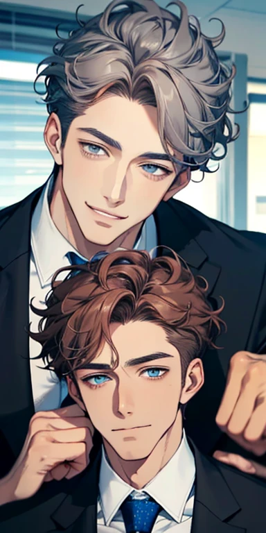 handsome 3 boy with brown curly hair and small lips long nose. 1 man mature, male mature. Expression smile in love. Blue gray eyes, CEO, Office home.