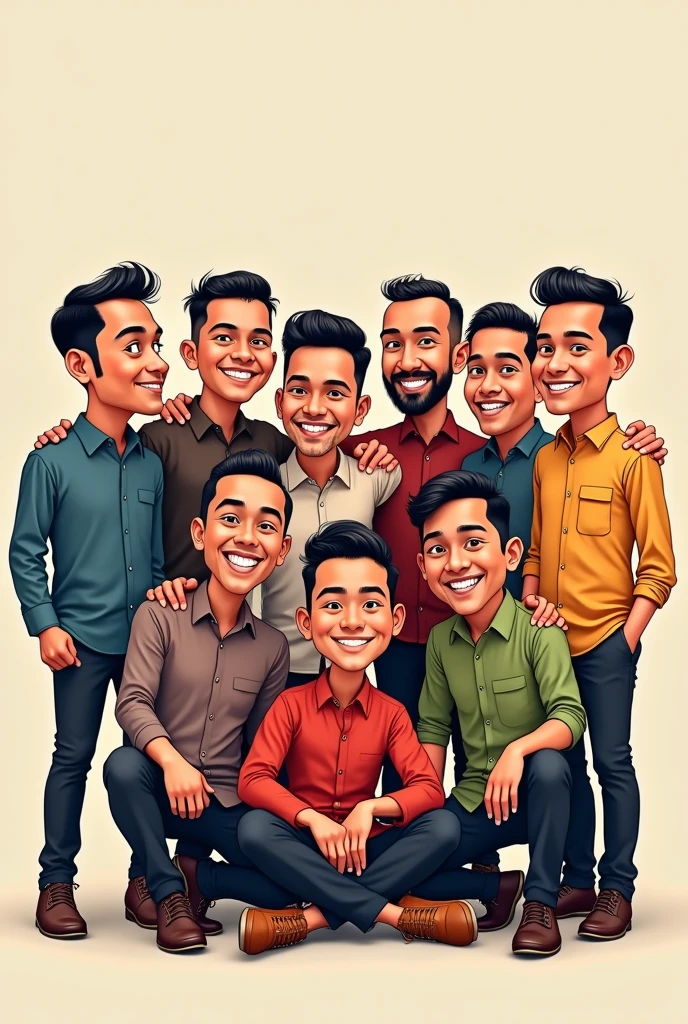 Create a caricature-style illustration featuring 11 Indonesian men posing together for a group photo. One of the men should be depicted with a larger, more robust body, adding a humorous and friendly touch to the scene. Each character should have distinct Indonesian facial features, traditional or casual clothing, and cheerful expressions. The overall tone should be light-hearted, celebrating diversity and friendship among the group."






