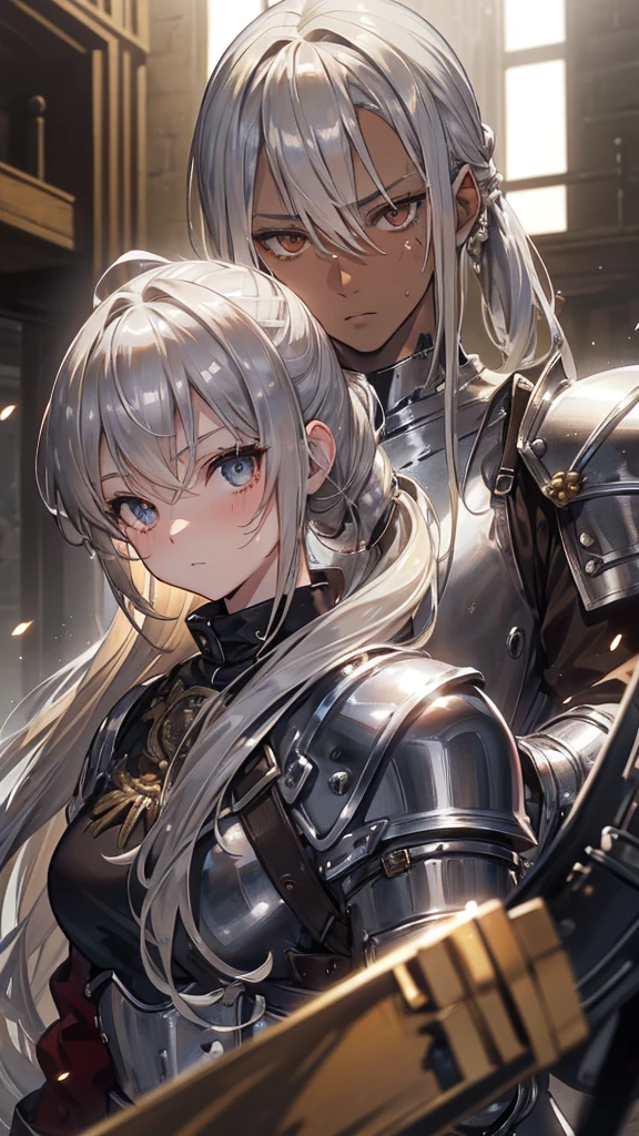 ((Blonde)), Hair behind the ear, Long Hair, (Short Ponytail), Bloodshot eyes, Cinema Lighting, Bust Chart, retina, (high quality), Accurate, ((最high quality)), Perfect detail, ((Brown Skin, Sunburned skin)),16K, Medieval Knight, (Silver Gloves, Silver Armor:1.3), (Large sword), dust scattering,