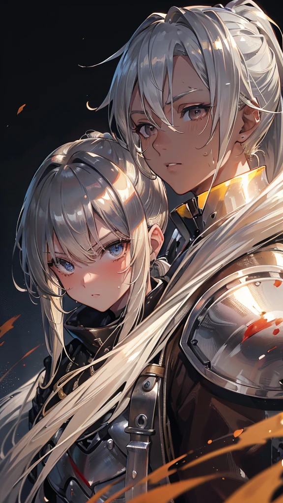 woman, blue eyes, long hair, white hair, mature, god eyes, diamond earings, glowing right eyes, two colors eyes, purple eyes, golden armor, injured, blood, dead, tears, glowing eyes, determination