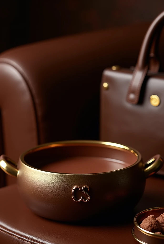 Make an image of a chocolate fondue that generates desires and with things that refer to the Carmen Steffens brand. More luxurious Place the letters "CS" (logo da Carmen steffens) gold joints in the pot where the chocolate is and a leather bag in the background