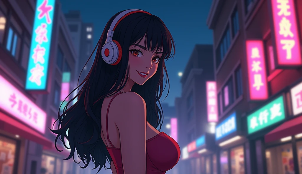 Perfect image, 8k, high school girl、Big Breasts、cute、smile、 Using headphones, 2D-style animation, Lo-Fi, metropolis、night、Emotional、Retro、Anime style illustrations