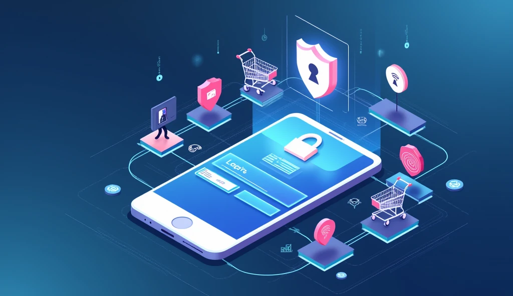 An illustration depicting the concept of mobile identity in the context of e-commerce fraud prevention. The image should feature a smartphone with a secure login interface, biometric authentication (like fingerprint or facial recognition), and visual elements representing online security such as shields, locks, or encryption symbols. Include elements of e-commerce like shopping carts or online transactions to highlight the connection to fraud prevention